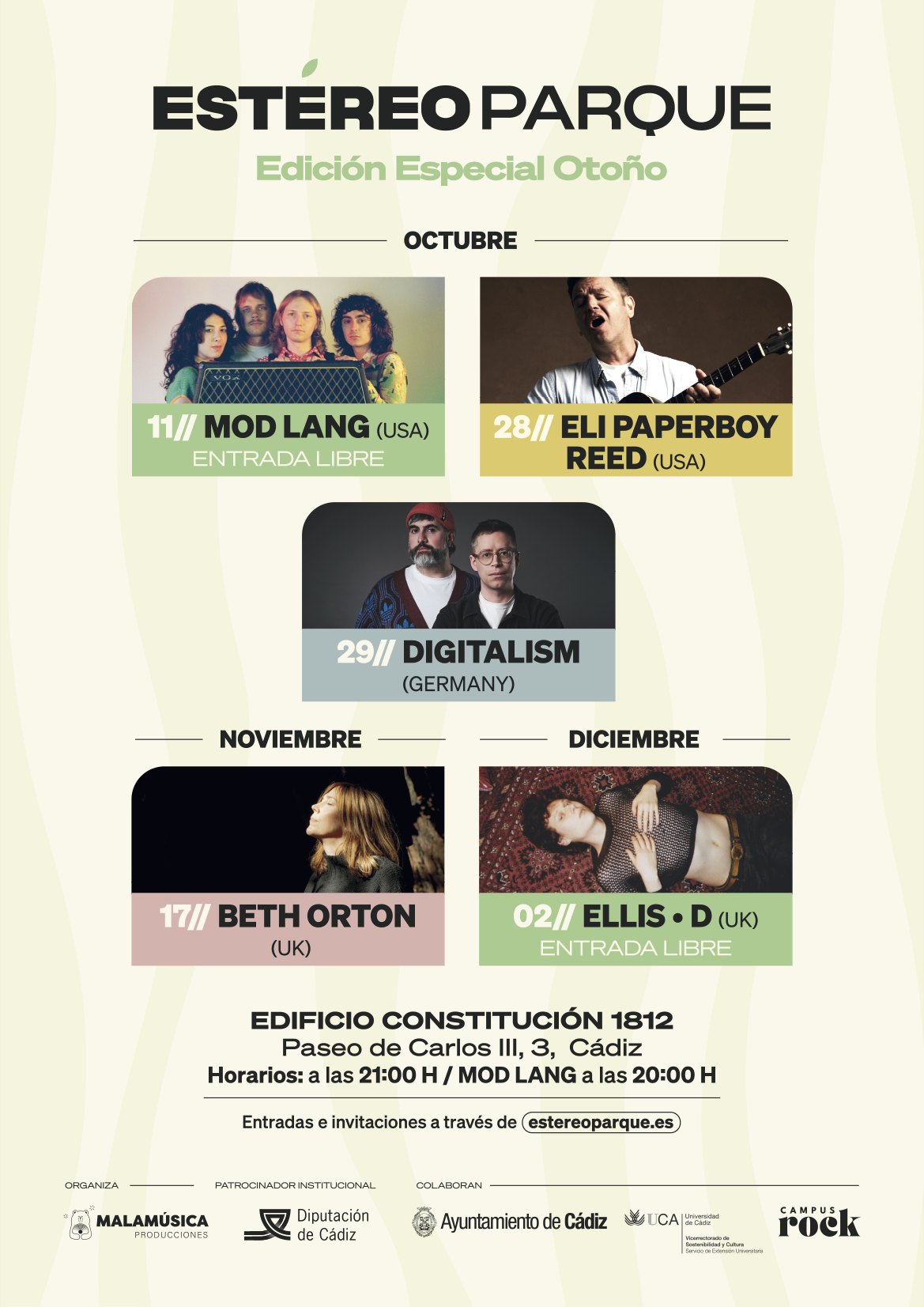 Cartel de Estéreo Parque, edición especial otoño: Mod Lang, Eli Paperboy Reed, Digitalism, Beth Orton y Ellis·D en el Edificio Constitución 1812
