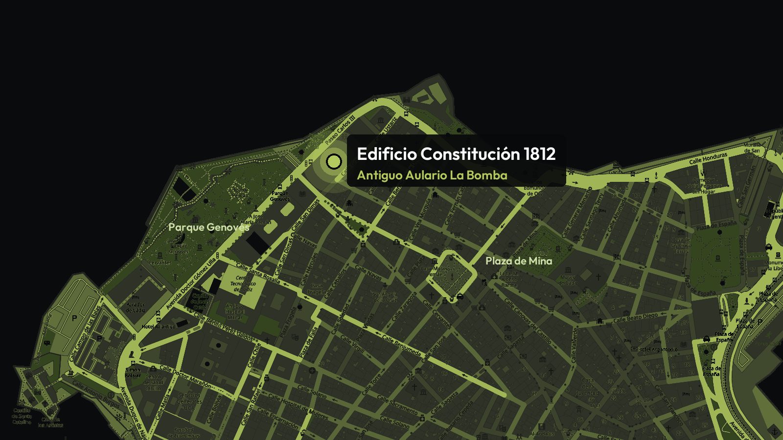 Plano del centro de Cádiz con la ubicación del Edificio Constitución 1812 (Antiguo Aulario La Bomba), en el Paseo Carlos III, junto al Parque Genovés
